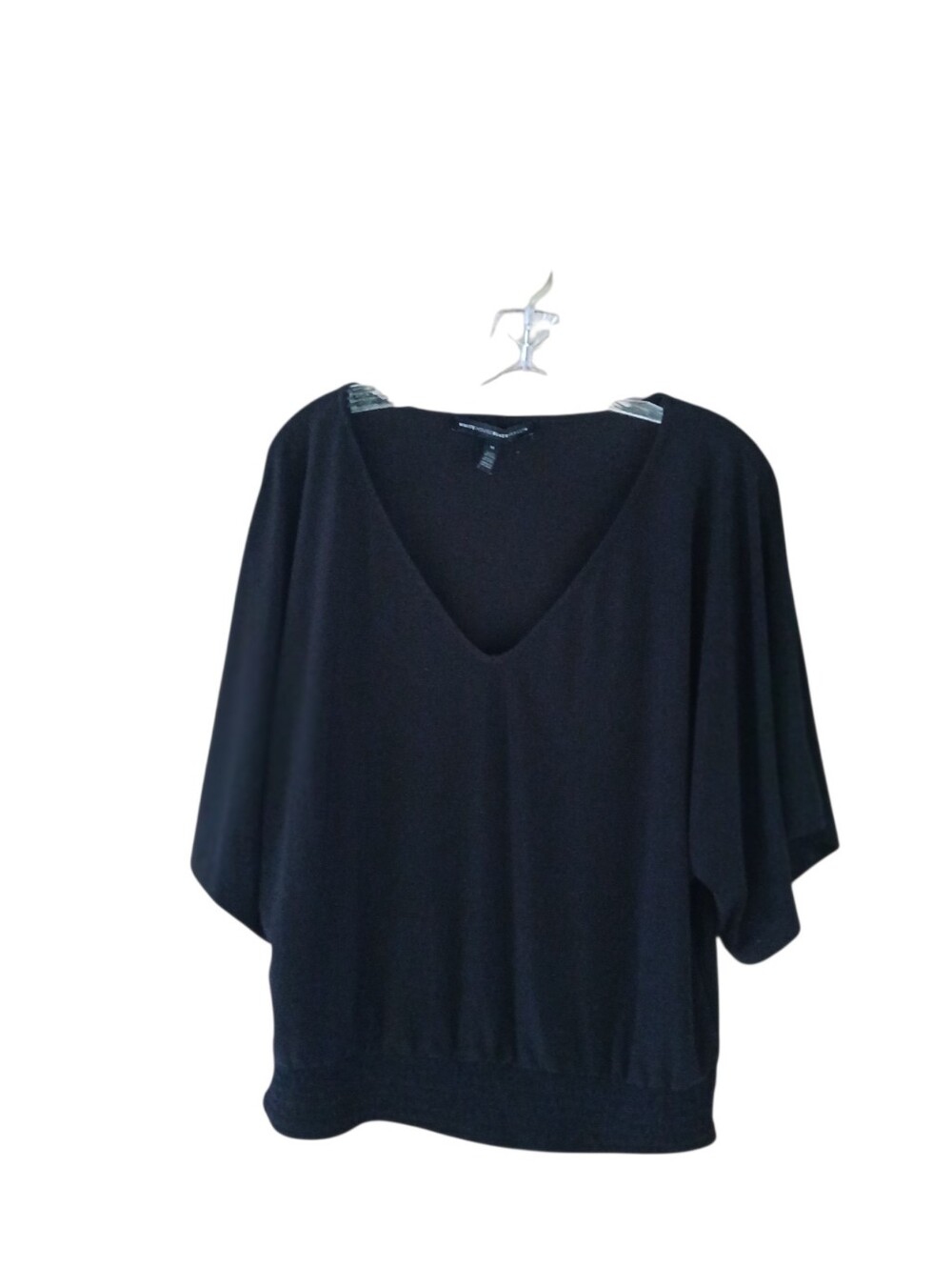 WHBM Black V Neck Kimono Banded Hem Pullover Blouse Medium